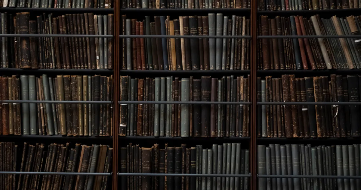 Des rangées d'ouvrages de référence sur les étagères d'une bibliothèque, en illustration de la définition SEO de H1 et structure des titres